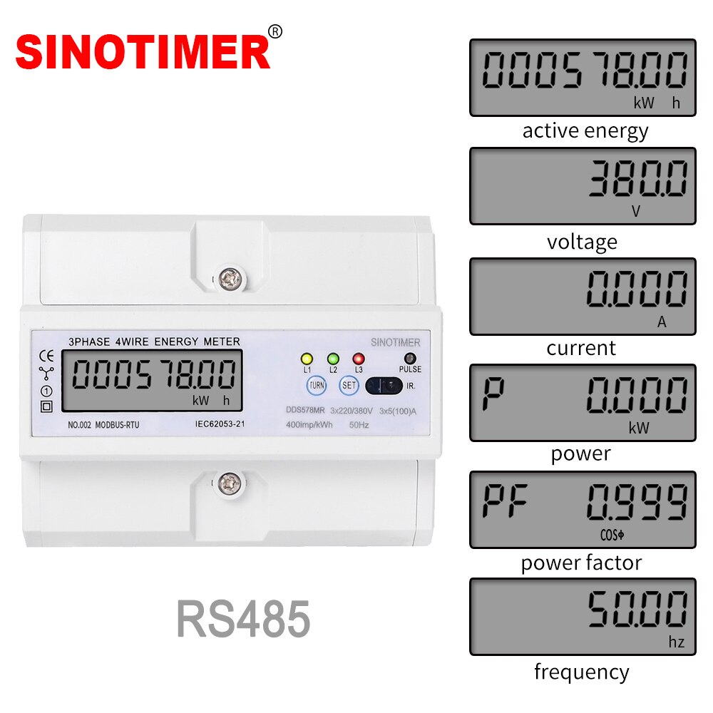 Three Phase 380V 100A RS485 Modbus Rtu Power Consumption Meter DIN Rail LCD Digital KWH Voltage Current Meter with Pulse Output