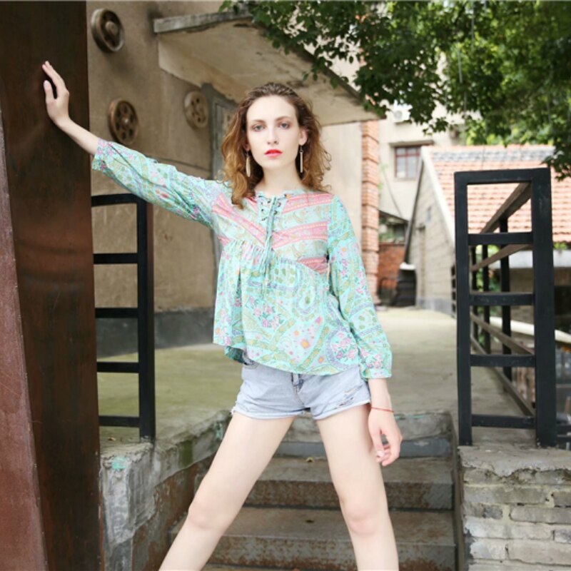 Vintage floral estampado Mujer Bohemia blusa cuello pico manga larga tops camisas sueltas boho camisas Feminino de gran tamaño