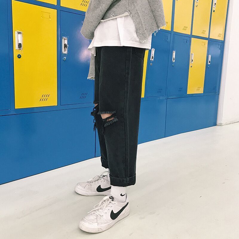 Snygg koreansk stil herr vogue cowboyhål raka jeans svarta vardagsbyxor lösa jeansbyxor plus size m -2xl