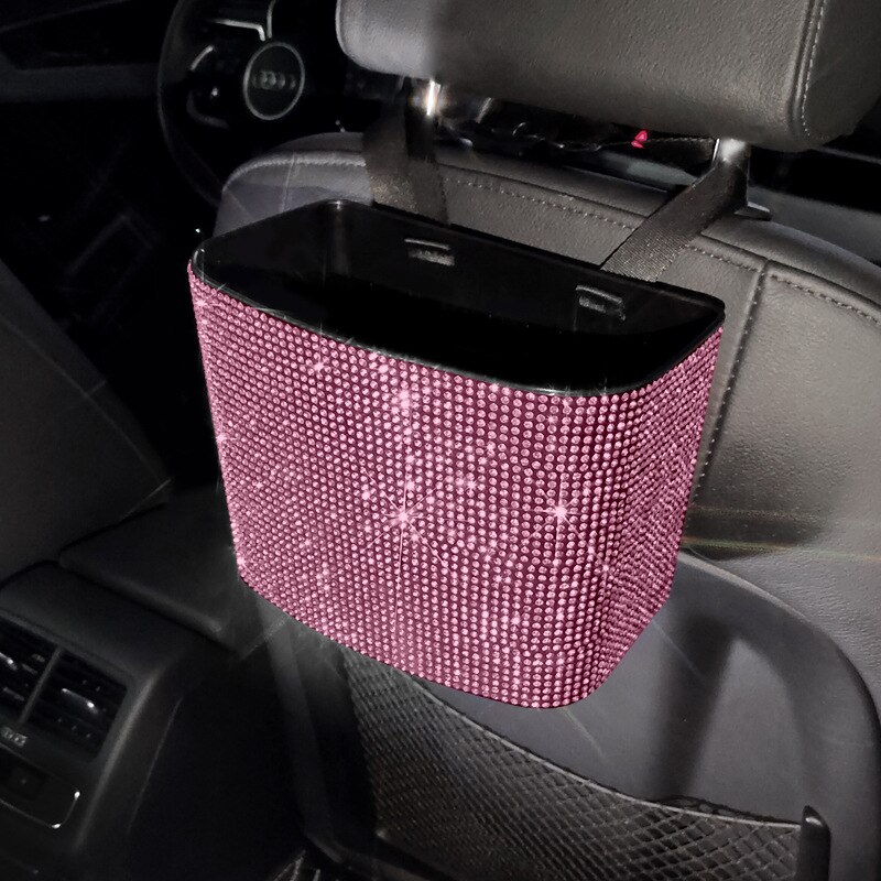 Rhinestone bilsoptunna förvaringskärl plast färg diamant baksida förvaringslåda vattentät sopor grabber bil hängande tillbehör: Rosa