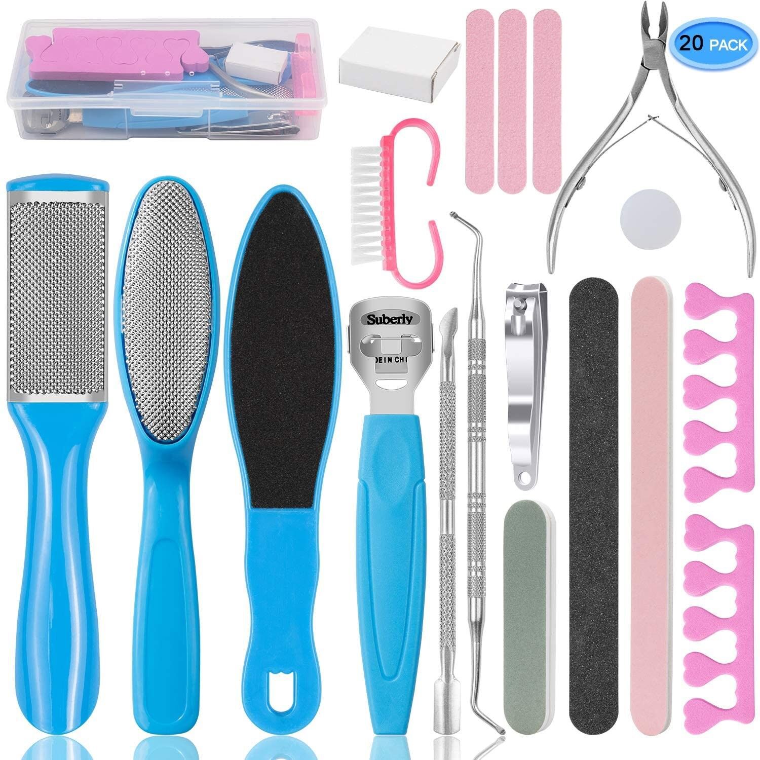 Pedicure Tool Heels Toe Cuticle Kit File Set Dead Hard Skin Callus Remover Scraper Foot Care Tool for Feet Beauty: 20pcs set Blue