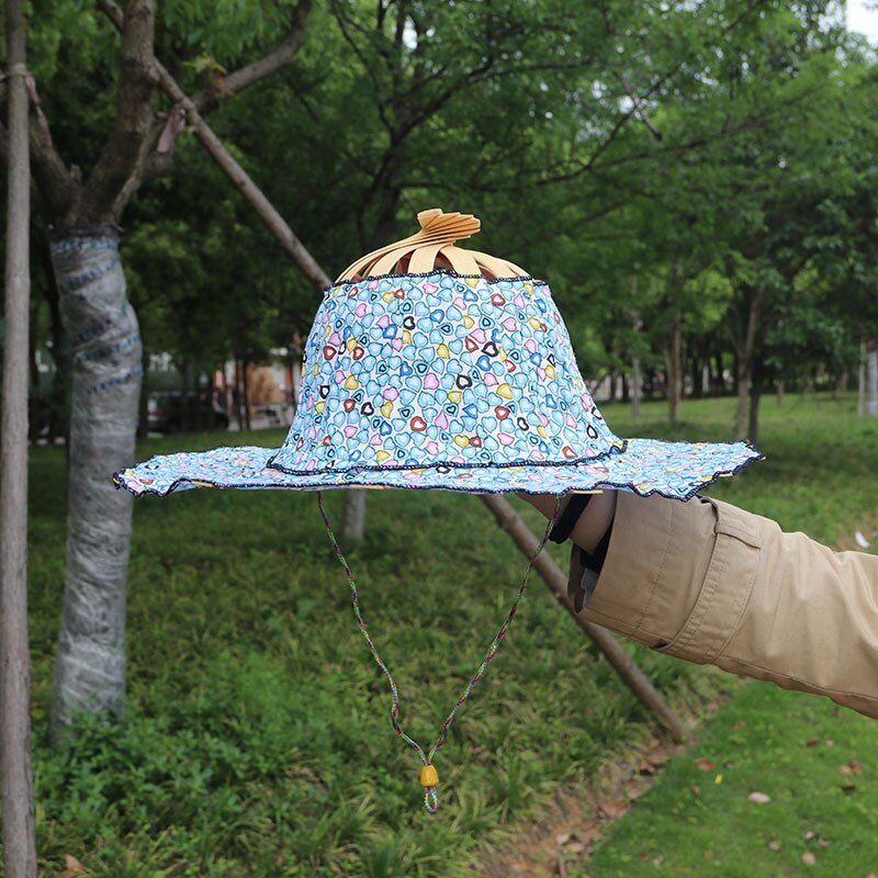 Sombrero de bambú con abanico de mano plegable, 2 en 1, portátil, estampado Floral, para viajes al aire libre, playa, vacaciones, verano,: a1