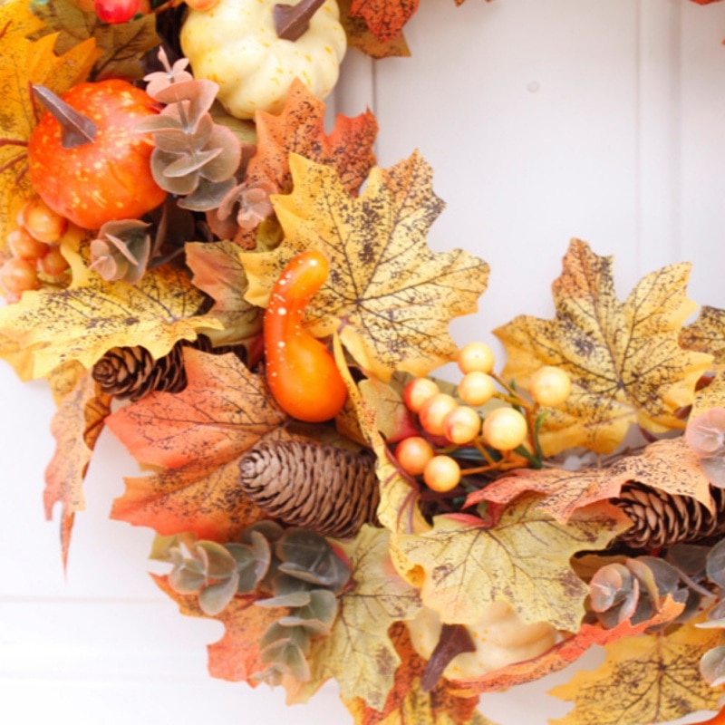 Artificial Wreath Garland Rattan Frame With Pumpkin Berries Pine Cone And Maple Leaves Halloween Thanksgiving Autumn D