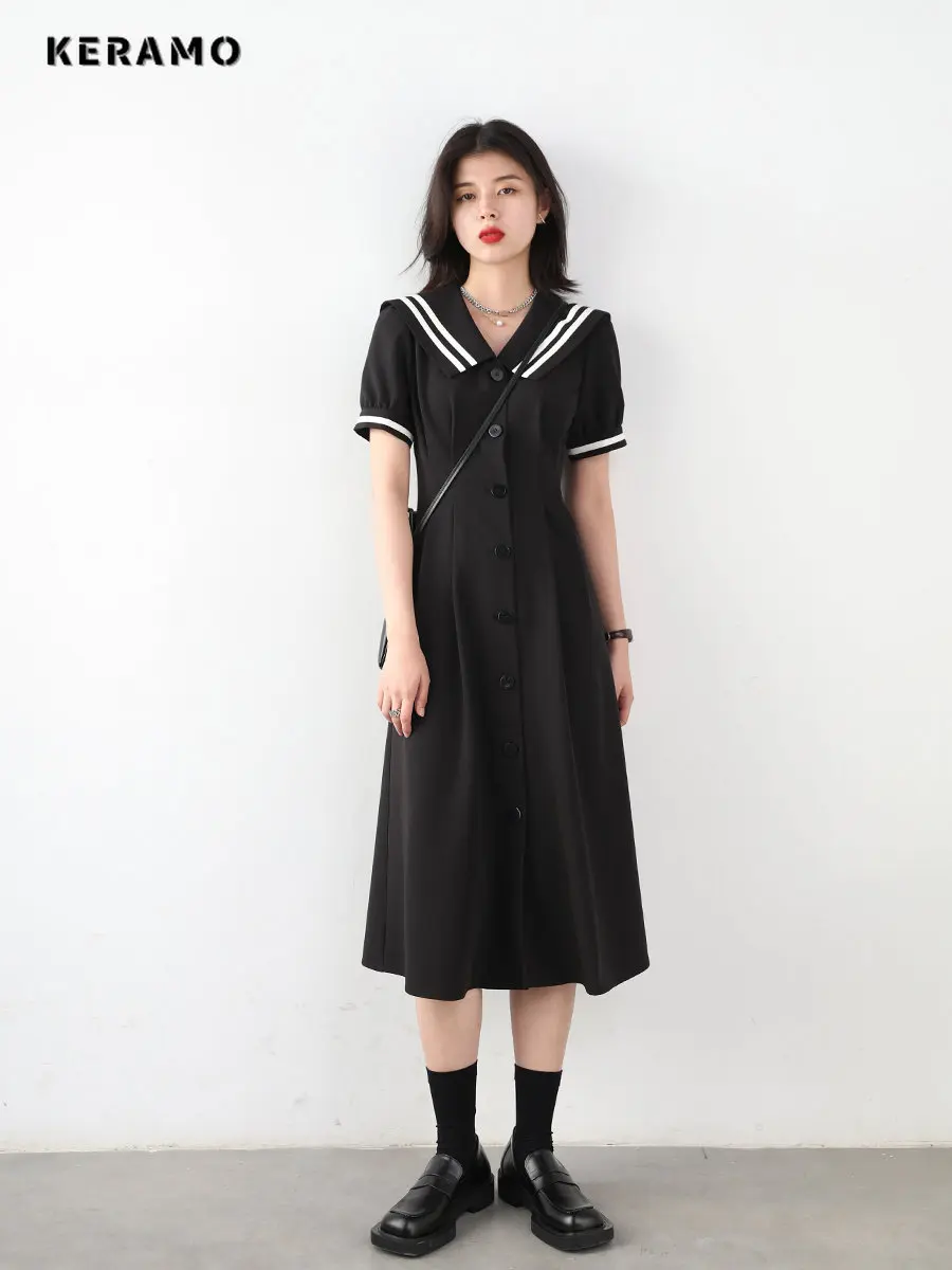 Preppy Style All-match Patchwork Sailor Collar Mini Dresses Summer Women's Puff Sleeve Y2K Harajuku Ulzzang A-Line Dress
