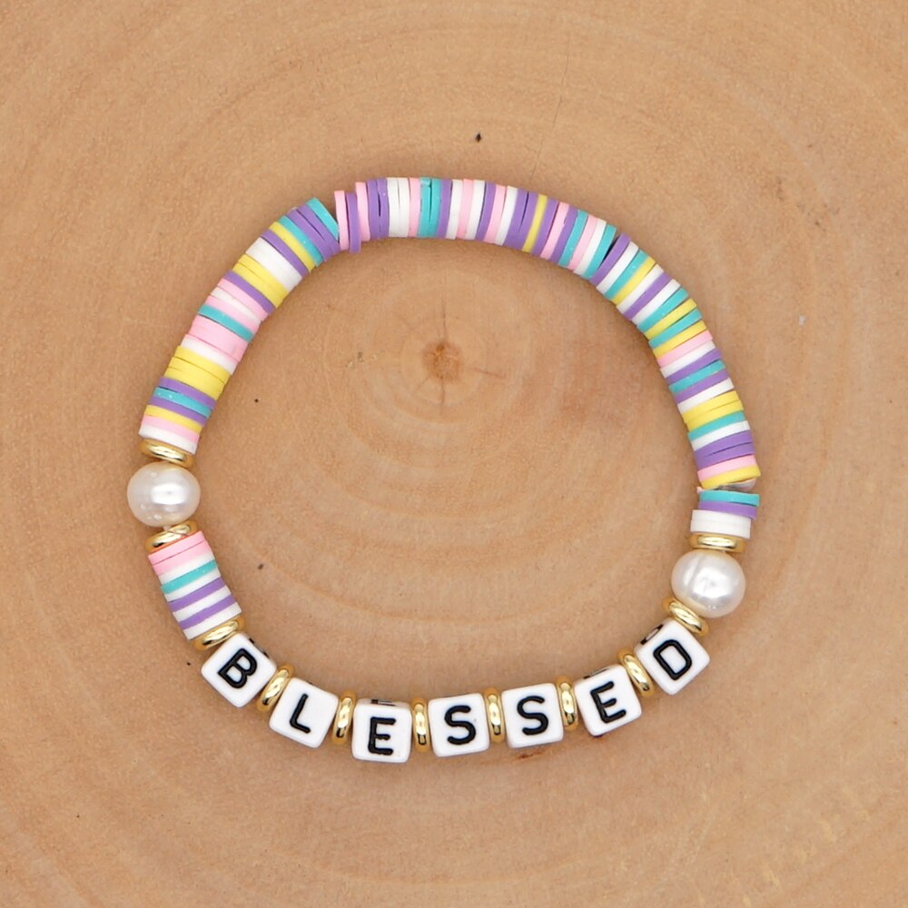 GO2BOHO Rainbow Polymer Clay Bracelets Heishi Disc Beads Bracelet Women Blessed Letter Summer Beach Pearl Pulsera Jewelry: QT-B200146G