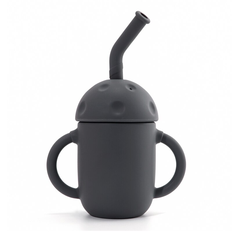 Tasse à champignon en Silicone pour enfants, avec paille, à Double poignée, isolation thermique, en Silicone souple, facile à nettoyer: 003-dark grey