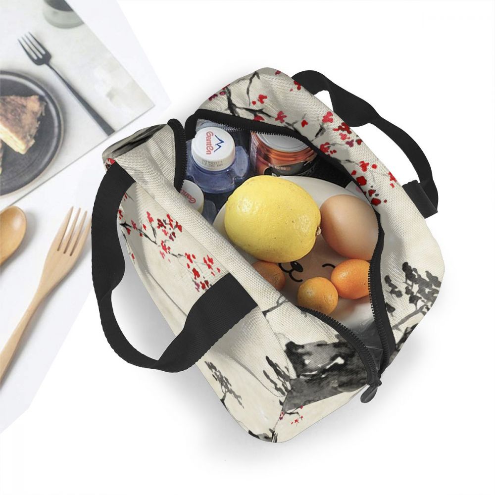 Draagbare lunchtas japanse inkt schilderij sakura en bergen thermisch geïsoleerde lunchbox tas lunchcontainer voedsel opbergtas