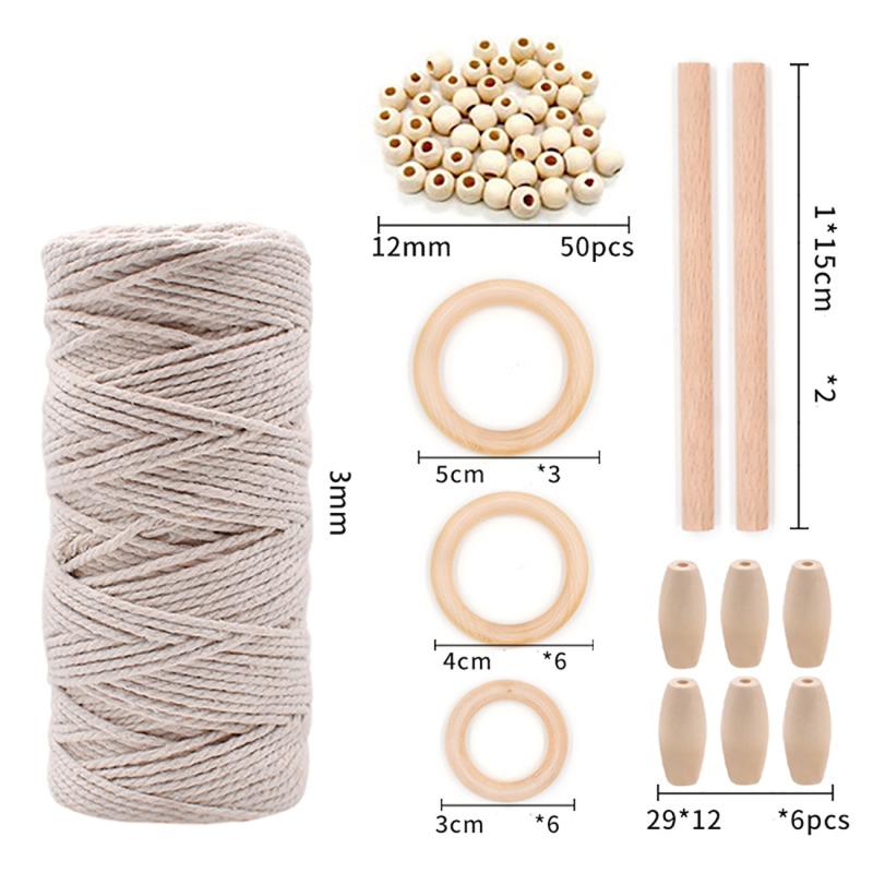 Cordón de macramé para manualidades de madera, cuerda de algodón Natural con palo de madera, cuentas de madera, Kit de tapiz de macramé mordedor artesanal, colgante de pared de algodón