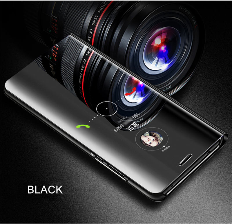 Skinlee Case For OPPO Reno4 Lite Mirror View Official Flip Cover Stand Holder Case For Reno 4 Lite 5G View Cover: Black