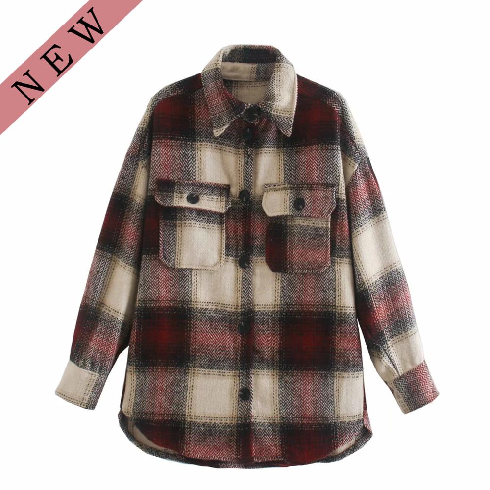Vintage women long sleeve woolen coats ladies thick plaid coat female streetwear girls oversize jacket chic: Wine red / M