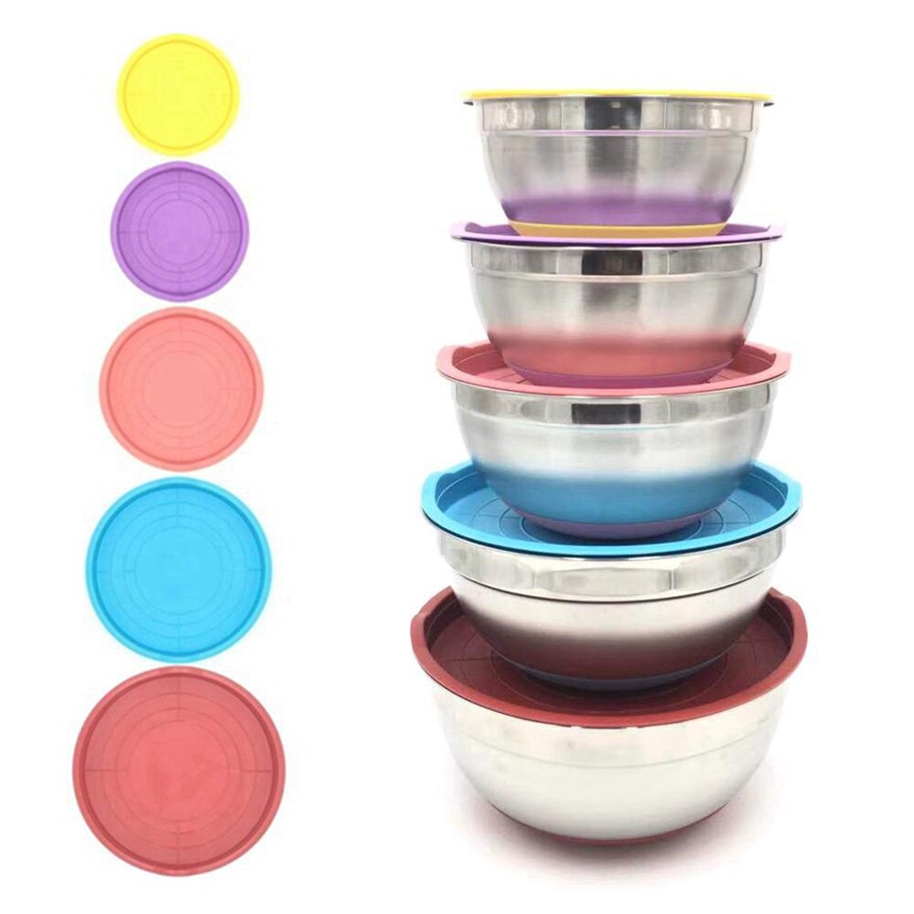 Mixing Bowl Set Stainless Steel Salad Bowl Set Multi-Purpose Sealed Fresh Bowl Non-Slip Silicone Bottom Kitchen Baking Tool DH: as pictures 5