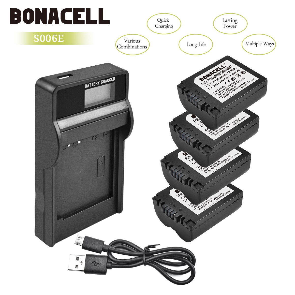 Bonacell 1500mAh CGA-S006 CGR CGA S006E S006A S006 DMW-BMA7 Battery+LCD Charger for Panasonic DMC FZ7 FZ8 FZ18 FZ28 FZ50 L10: 4X Battery Charger