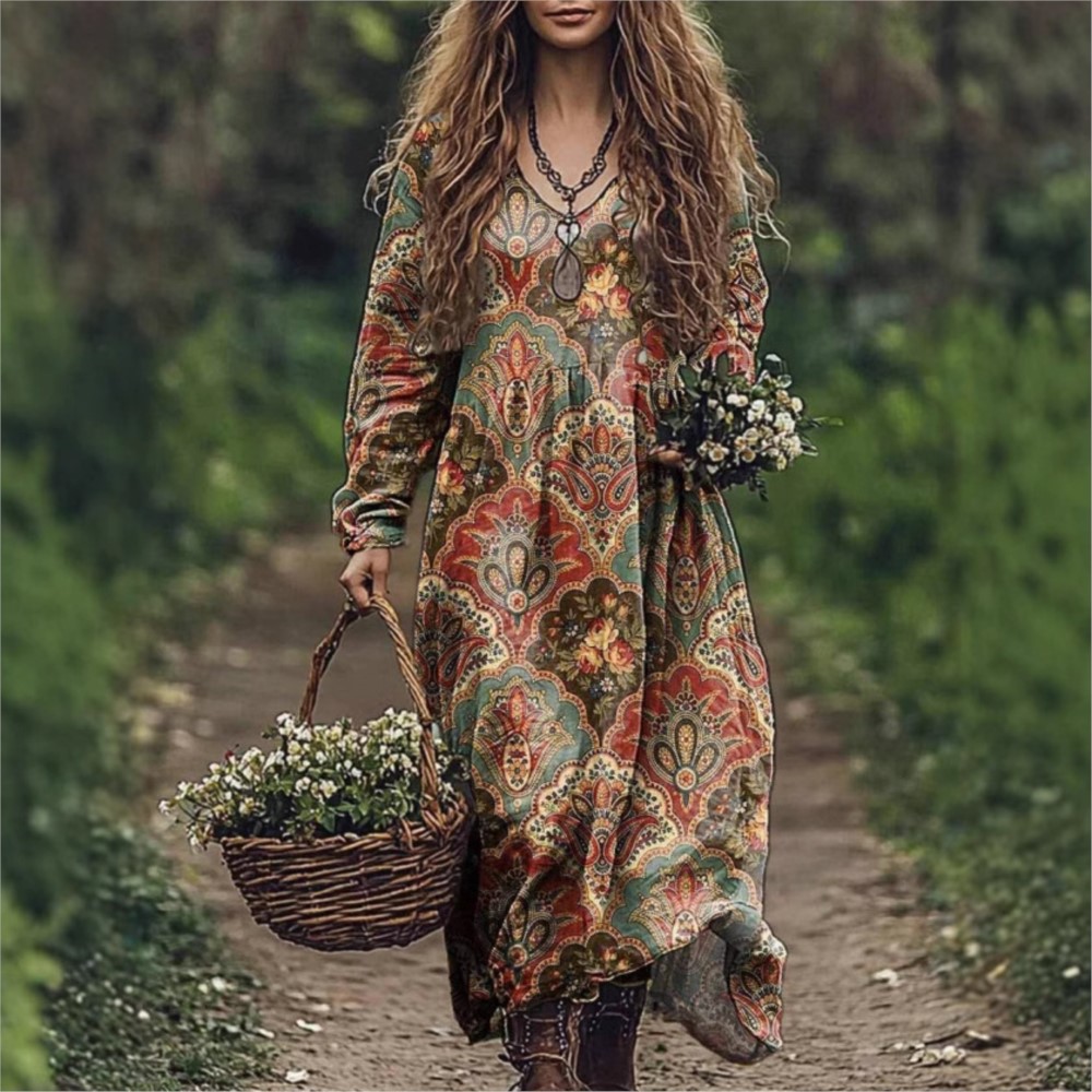 Casual Women's Printed Dress Spring Round Neck Long Sleeved Loose Geometric Pattern Printed Large Swing Dress For Women