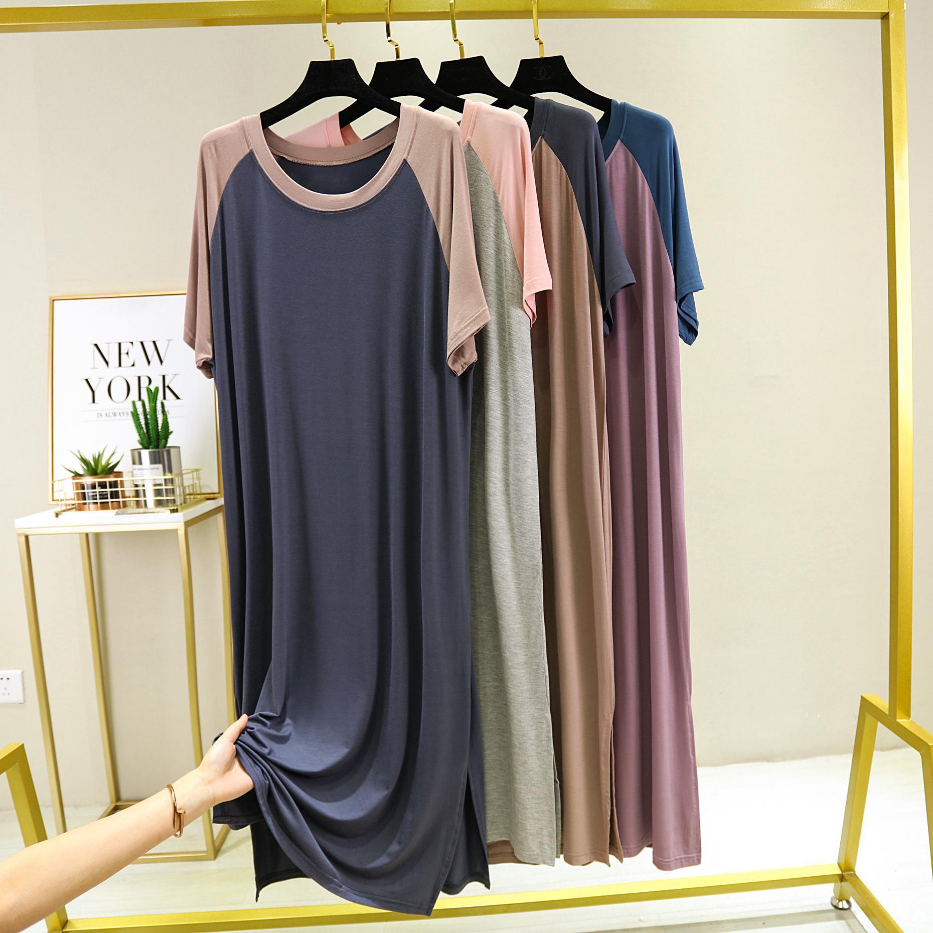 2022 Zomer Lange Modal Nacht Jurk Vrouwen Korte Mouwen Nachtjapon O-hals Homewear Jurken Vrouwelijke Plus Size Losse Nachtkleding