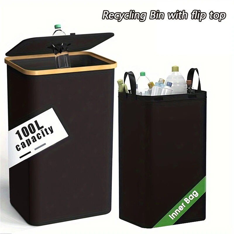 1 ensemble de bacs de recyclage et sacs de rangement de cuisine, bac de recyclage de cuisine, bac de recyclage de bouteilles de grande capacité de 100l avec sacs fourre-tout amovibles