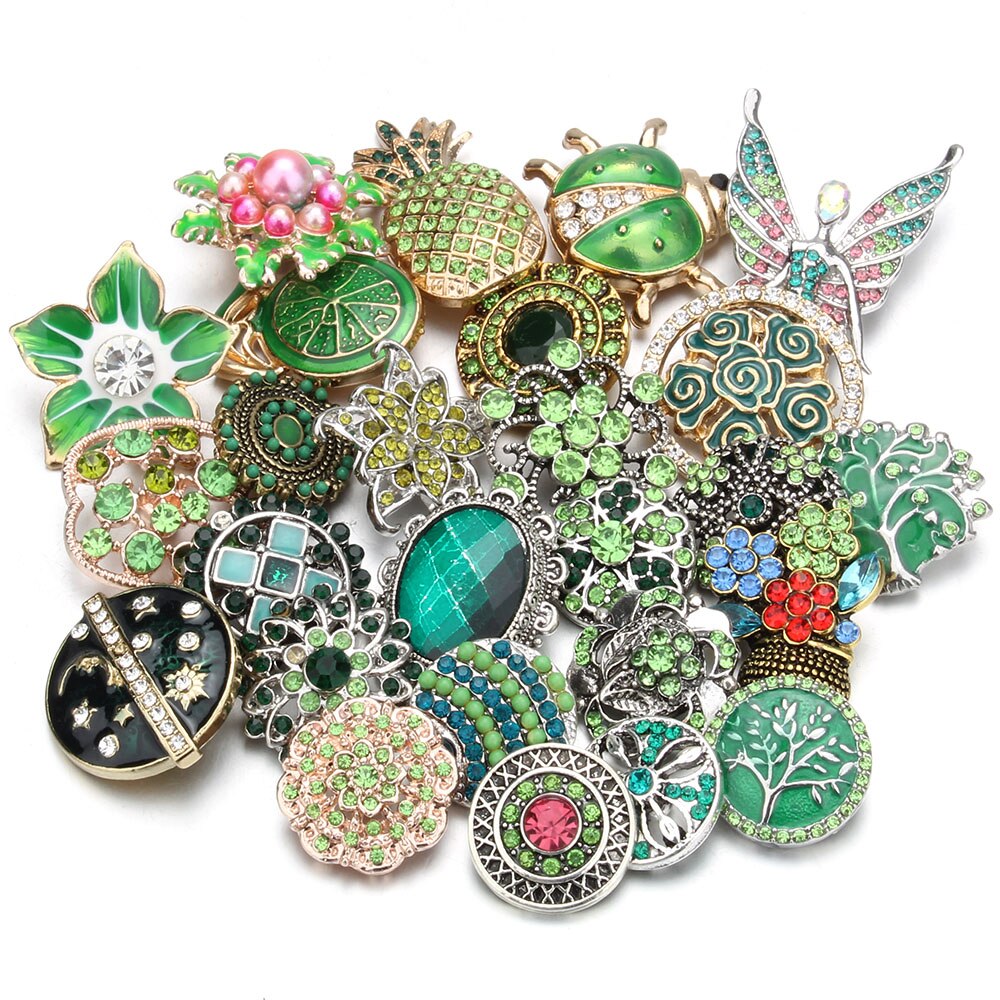 10 pz/lotto all'ingrosso Snap gioielli MIX metallo scatta strass fiore 18mm bottoni a pressione misura in pelle Snap braccialetto del braccialetto: gold-silver (Green)