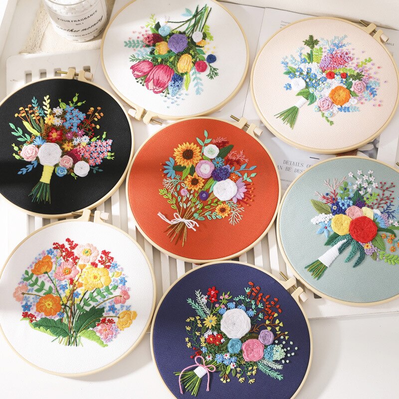Flower Pattern Stamped Embroidery Kits DIY Embroidery Starter Kit With Bamboo Embroidery Hoop Cross Stitch Sewing Craft