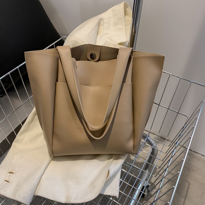 Tote casual da donna in morbida pelle di alta qualità Shopper in tinta unita Borsa a tracolla singola di grande capacità con tasca esterna: Style 2 Khaki