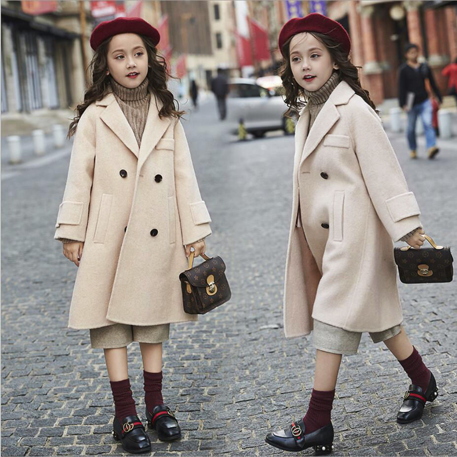 Children Girls Coats Outerwear Winter Girls Jackets Woolen Long Trench Teenagers Warm Clothes Kids Outfits For 4-14 Years
