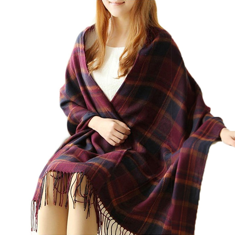 Women Summer Plaid Linen Tassel Shawl Scarf