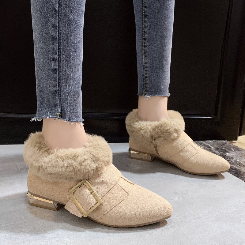 Aksamitne, pluszowe, krótkie botki z klamrą robić paska, zamkiem błyskawicznym, szpiczastymi noskami, zimowe, ciepłe, bawełniane, botki damskie na niskim obcasie