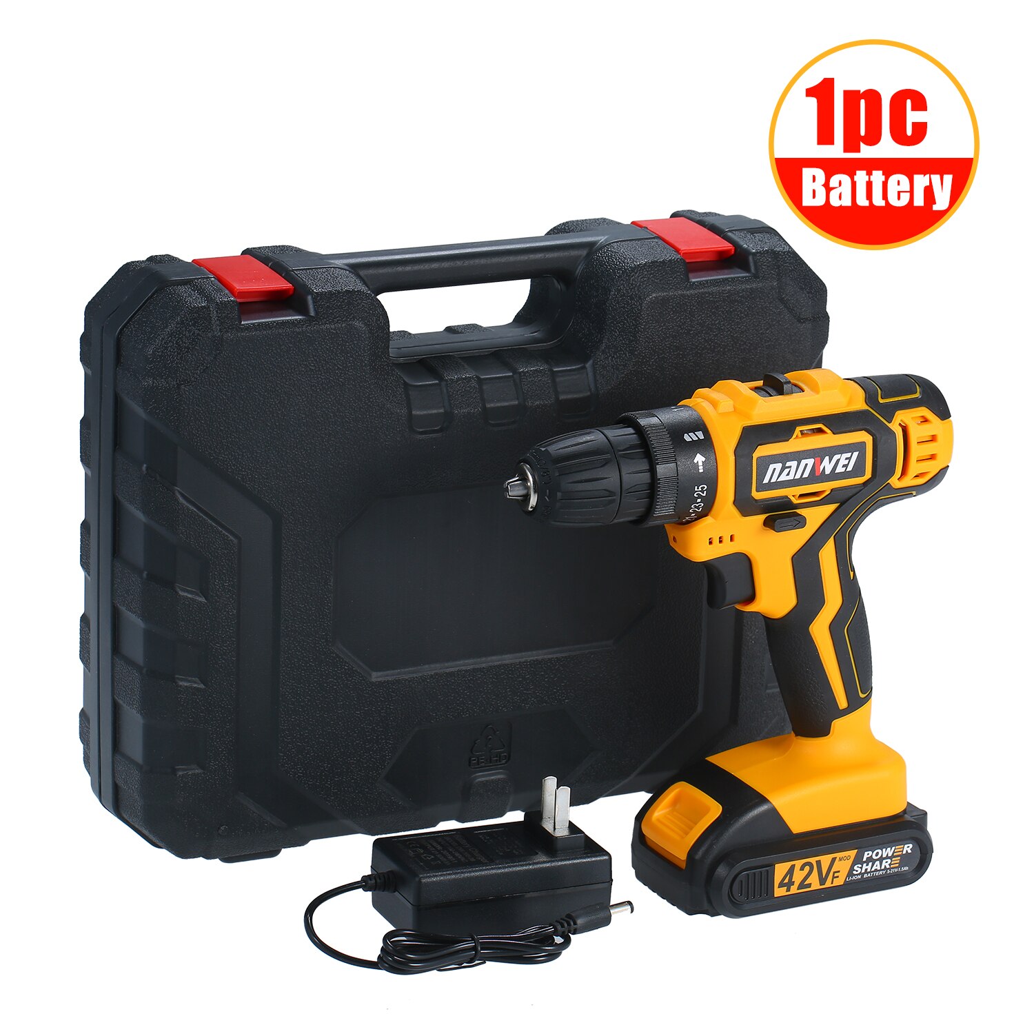 2-Speed Cordless Drill Driver Li-ion Battery Fast Charger 25+1 Clutch Max 35Nm Torque Variable Speed with LED Light Drilling