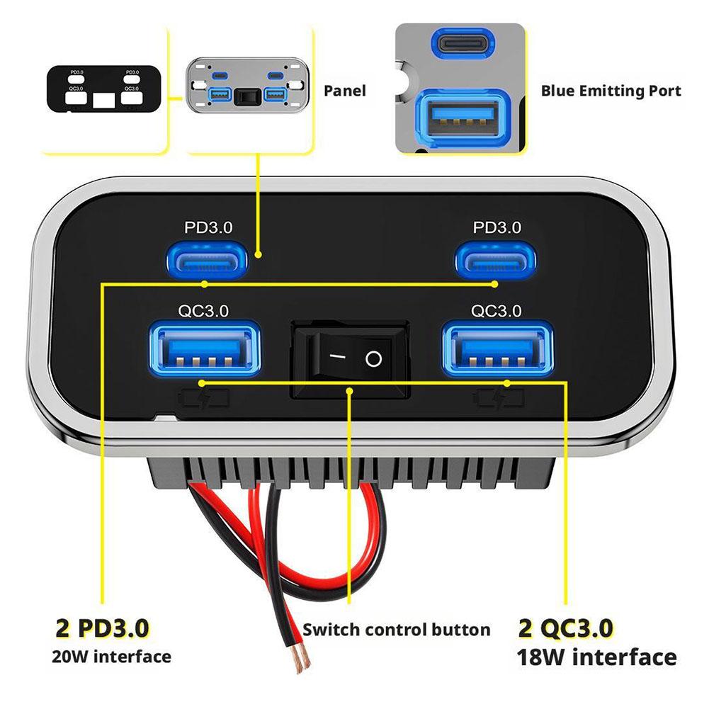 4 porter 12v usb-uttak til bobil 76w doble  pd3.0 type-c hurtiglading dobbel usb for bil buss bobil billader med knappbryter