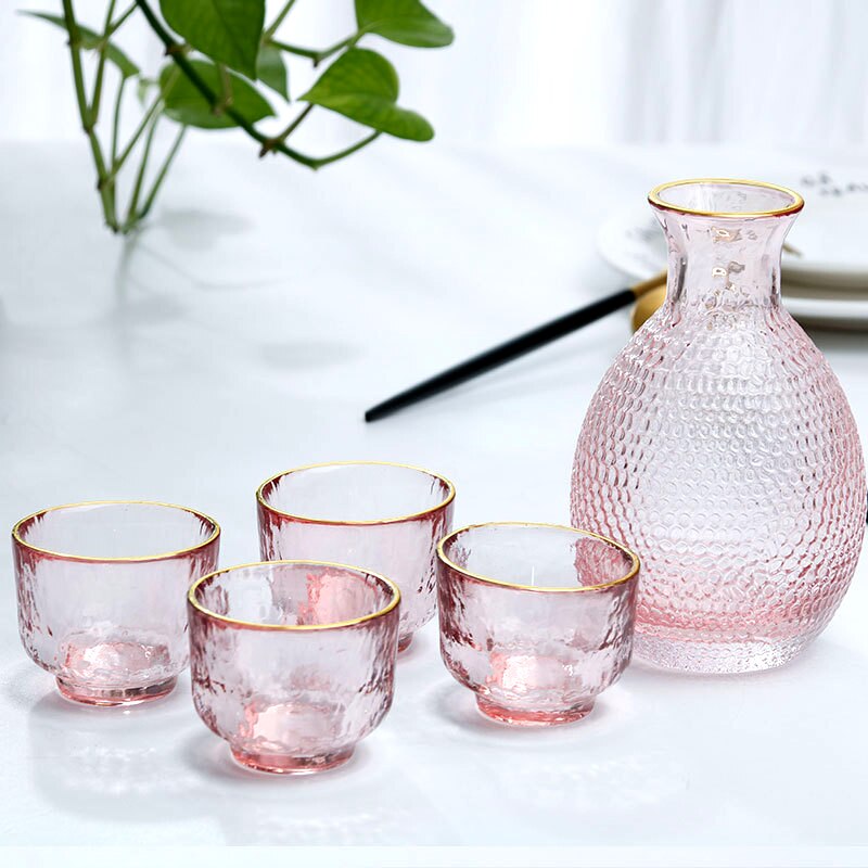 Japanese sake cup pink hammer pattern glass wine pot white rice wine set wineware