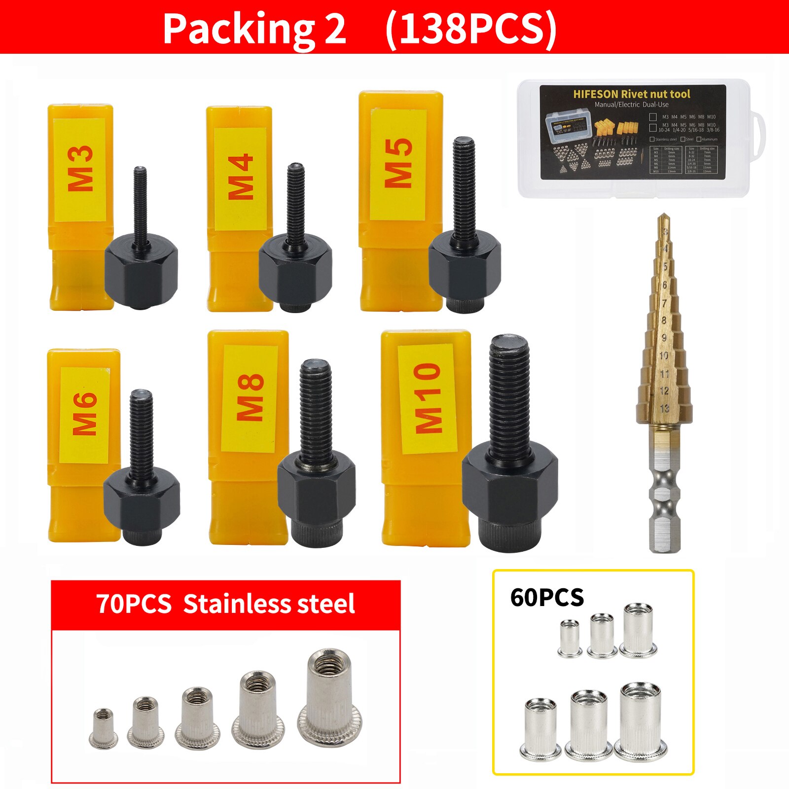 Écrou de tête de pistolet de rivetage manuel en acier inoxydable, outil d&#39;installation Simple, M3 M4 M5 M6 M10 avec 70 / 95 / 300 pièces écrous pince a rivet riveteuse pince rivet riveteuse électrique rivet fileté pinc: Packing 2