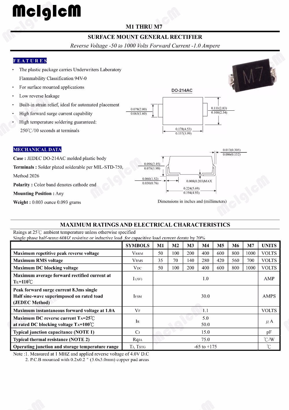 MCIGICM 100PCS M7 1N4007 DIODE SMD 1A 1000V Rectifier Diode Free shiiping