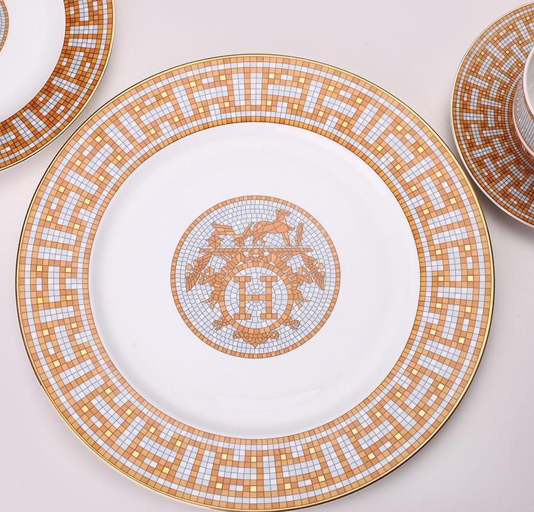 Ceramic Dinner Plates Geometric Pattern Ceramic Dish Dinner Plate Yellow Grid Dinnerware Set dessert plate dinnerware cake plate: 27cm