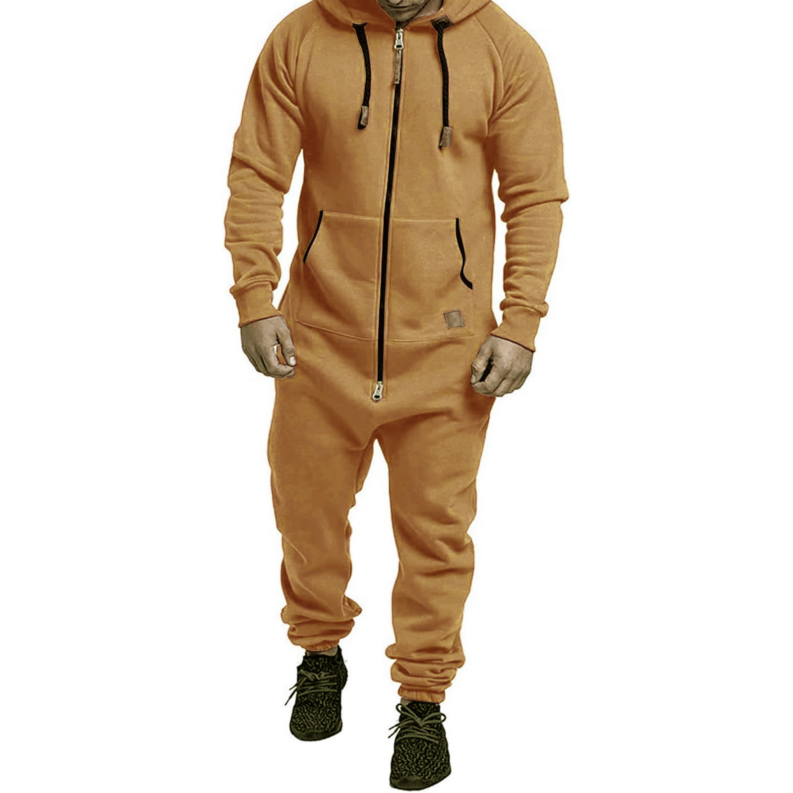 Men's Long Sleeve Full Zipper Up Overalls Sweatsuits with Drawstring Winter Hooded Jumpsuits with Pockets: XXXL / Yellow
