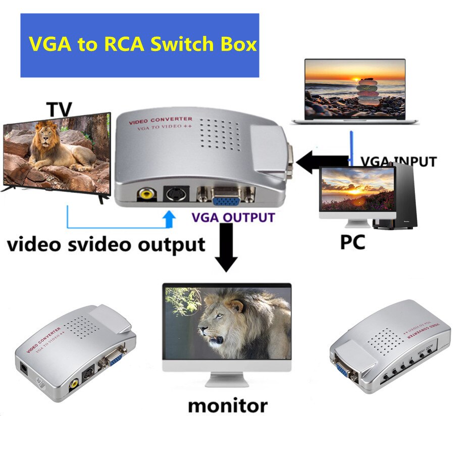 Grwibeou PC Converter Box VGA to TV AV RCA Signal Adapter Converter Video Switch Box Composite Supports NTSC PAL for Computer