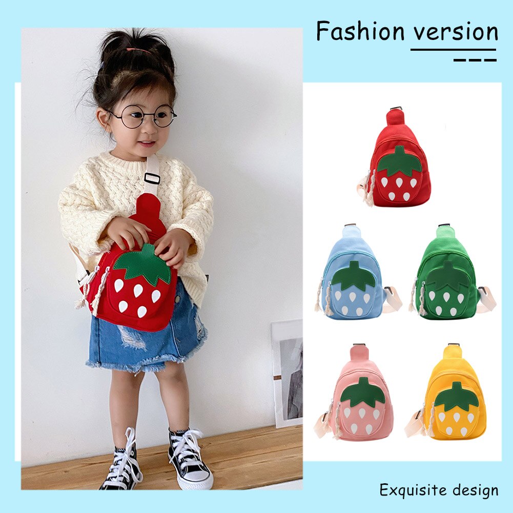 Leuke Aardbei Patroon Canvas Schoudertassen Portemonnee Kinderen Dubbele Laag Borst Crossbody Rugzak