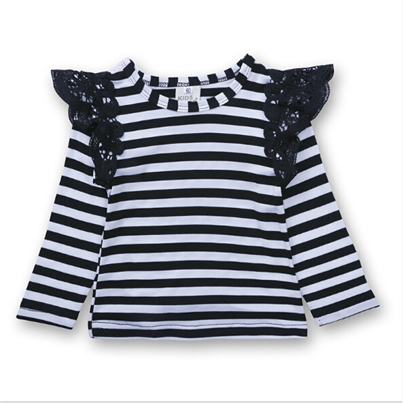 Autumn Infants Baby Girls Top Fall T-shirt Stripes Print Lace Floral Round Collar Elastic Kids Clothes: 3M