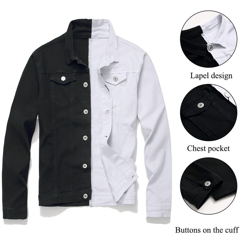 Men Streetwear Black white Two-tone Patchwork Slim Fit Jean Jackets motorcycle man Hip hop Cotton Casual Denim Jackets coats