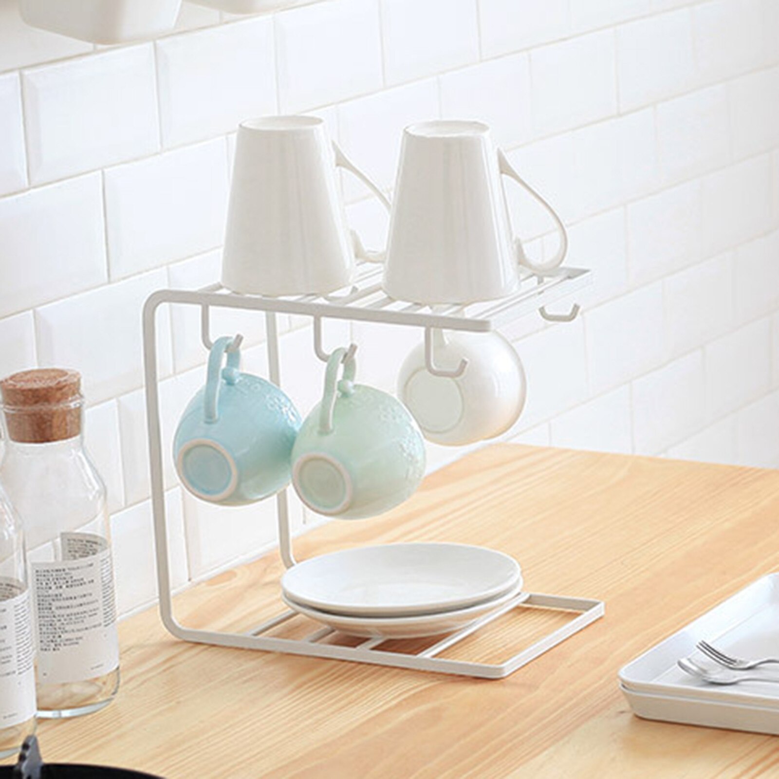 Household Water Cup Hanger Simple Style Solid Color 6 Hooks Glass Coffee Cup Holder Storage Draining Rack
