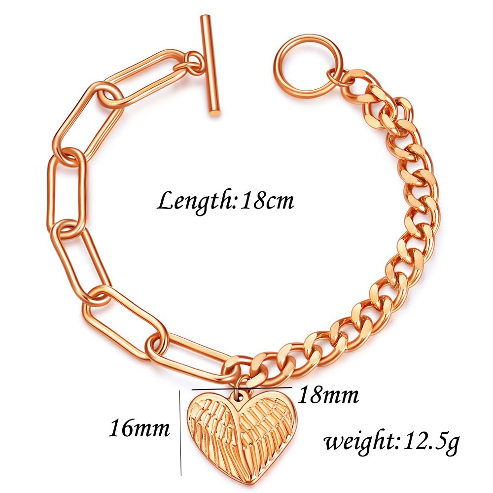 Cr -142 love angel wings charm armbånd til kvinder rustfrit stål hjerte rosa guld farve kæde armbånd kvinde smykker