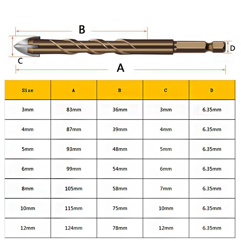 1Pc Hex Shank Spiral Groove Cross Alloy Four-edged Drill Bit Glass Ceramic Concrete Hole Opener 3/4/5/6/8/10/12MM