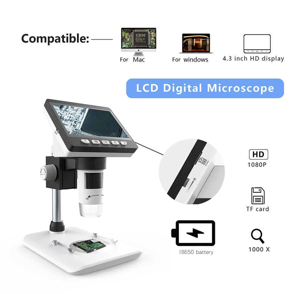 Microscopio Electrónico Digital con soporte para cámara de soldadura, lupa Digital con batería, 4,3x1080 pulgadas, P, 8 LED, usb