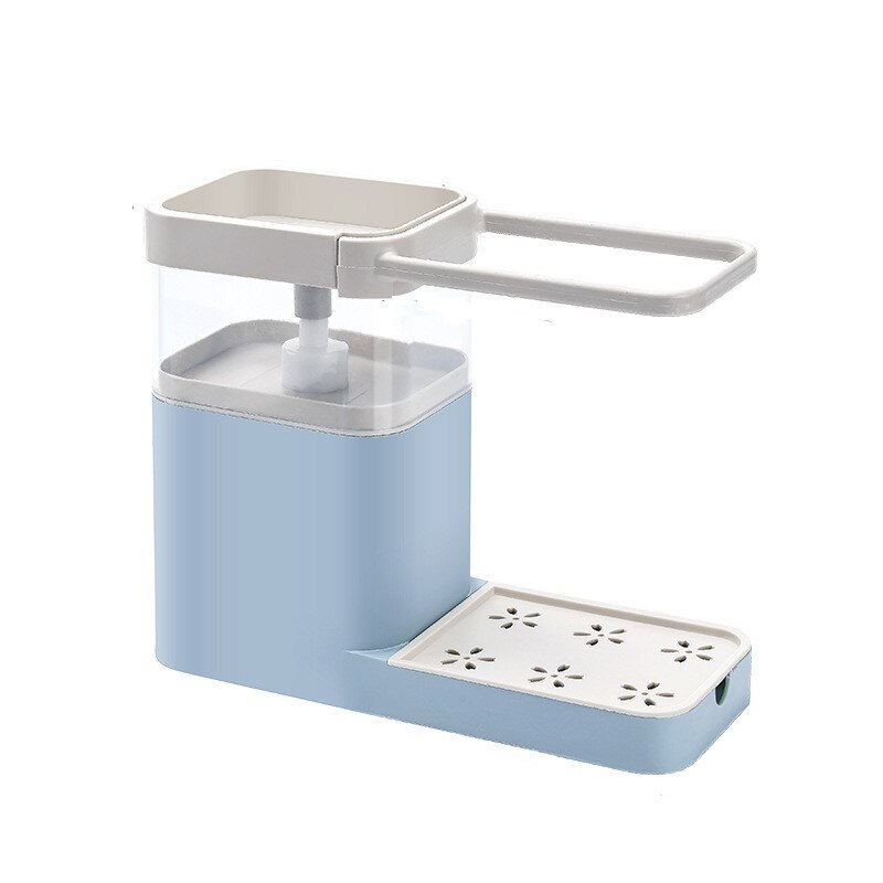 2- i -1 sæbedispenser med svampeholder 1pc håndklædestativ til håndklæde manuel presse sæbeholder køkkenrengøringsværktøj: Blå