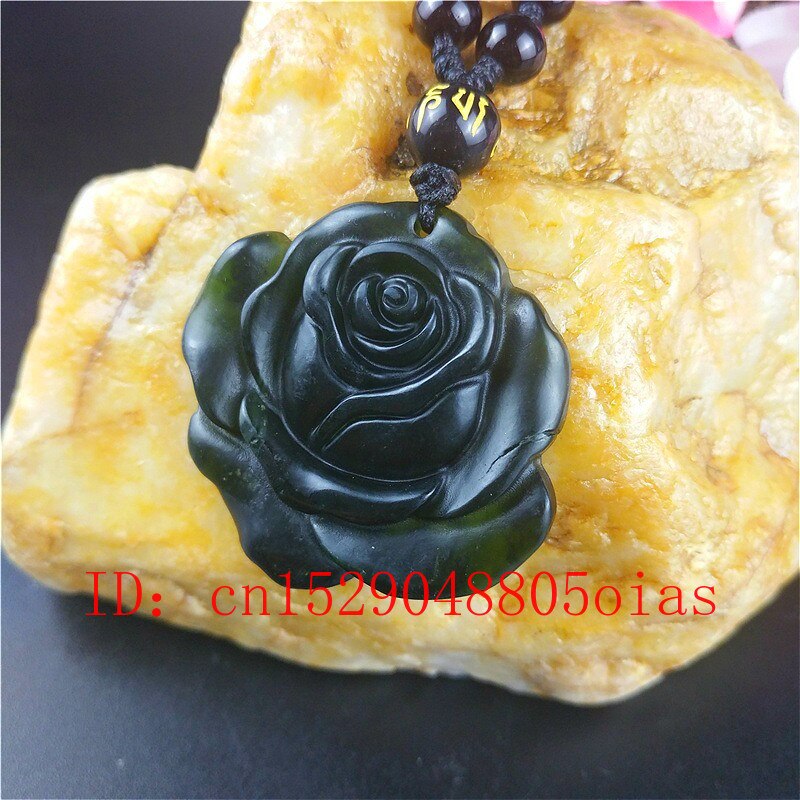 Certified Chinese Natural Black Green Jade Rose Pendant Necklace Obsidian Charm Jewellery Accessories Carved Amulet