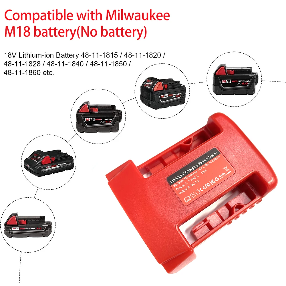Batterijadapter voor Milwaukee 18V batterijadapter met USB-oplader en Type-C PD-stroombronoplader voor Milwaukee 18V batterij