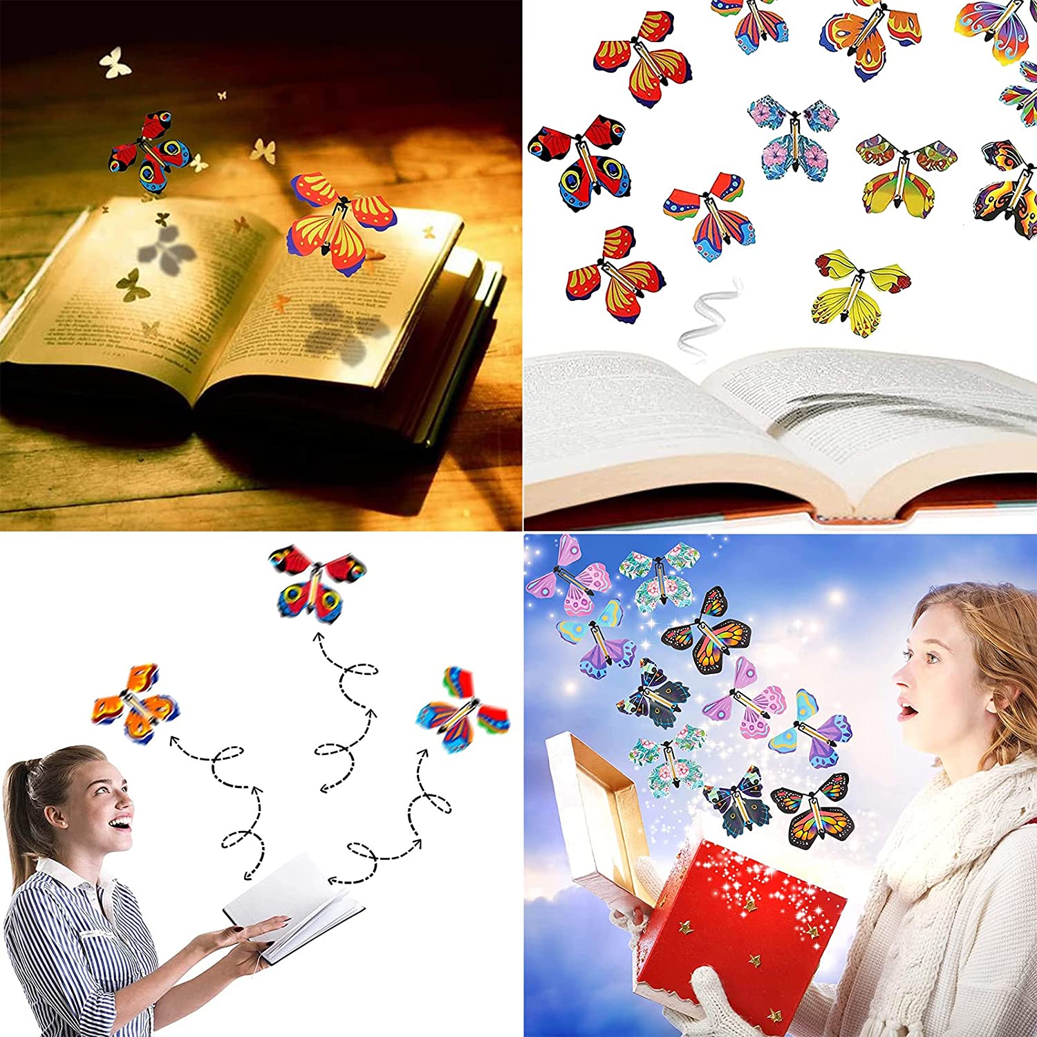 Mariposas voladoras mágicas, juguete de cuerda en el cielo, marcapáginas, tarjetas de felicitación, banda de goma alimentada, accesorios mágicos para niños, sorpresa