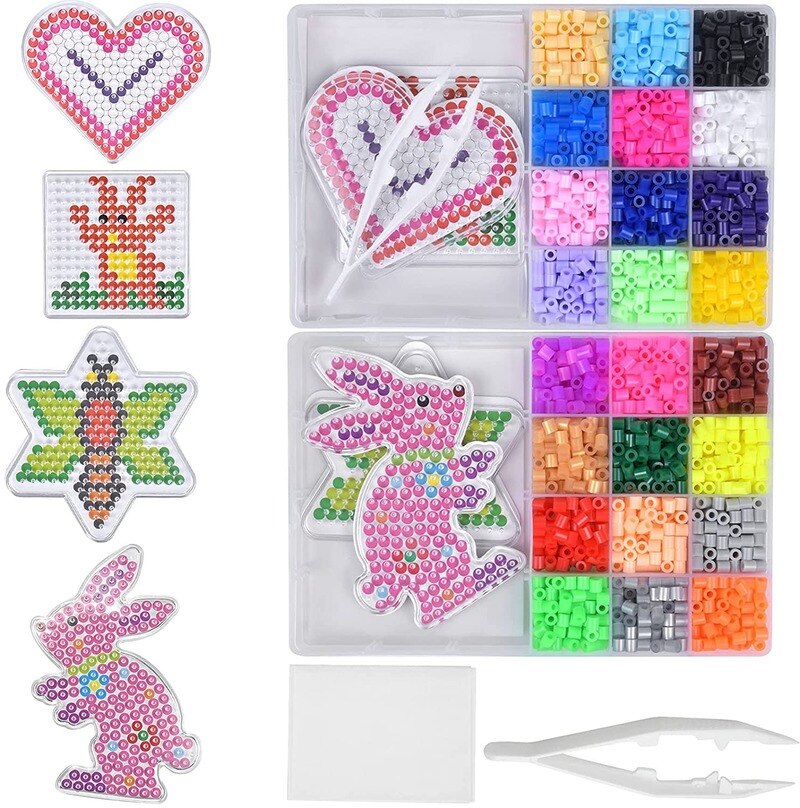 2400Pcs Fuse Beads Kit 5mm Iron Beads Set with 4 Pegboards 4 Pattern Card 2 Ironing Paper 1 Tweezer Box for Kids Children