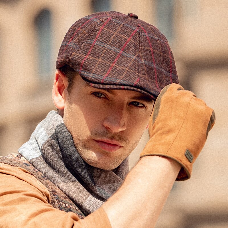 Mens Newsboy Cap Warm Autumn Winter Hats For Men Retro Grid Black Brown Berets Octagonal Hat Dad Hats Painter Hat NZ181: Red