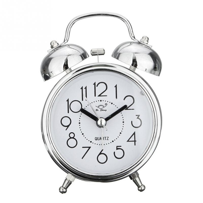 Wekker Vintage Retro Stille Pointer Klokken Ronde Nummer Dual Bell Luid Wekker Nachtkastje Nachtlampje Thuis Decors: silver