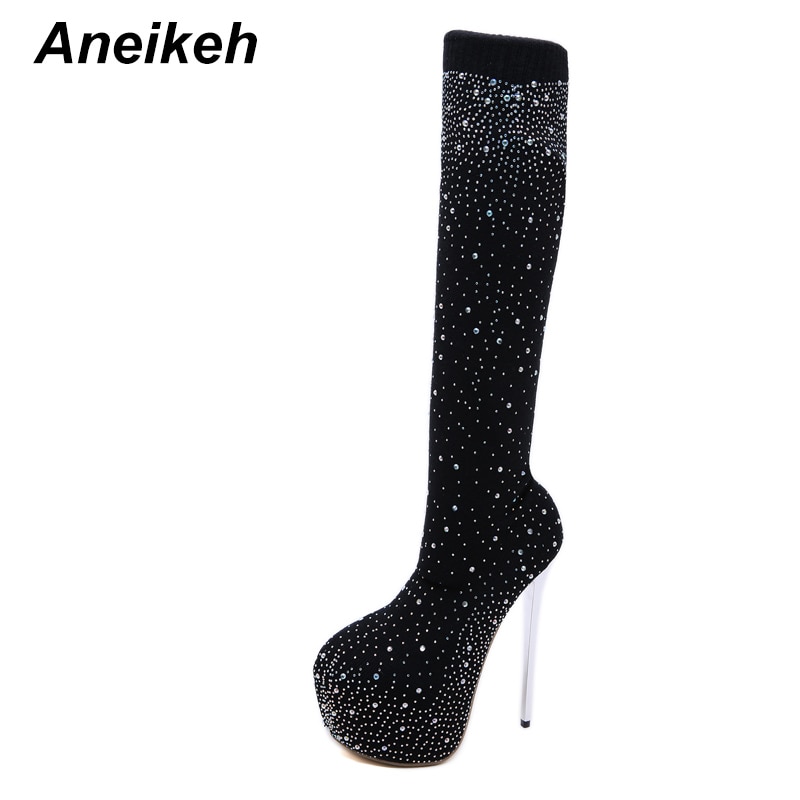 Aneikeh pasarela cristal calcetín de tejido elástico plataformas botas puntiagudas sobre la rodilla 16CM talón muslo alto club nocturno