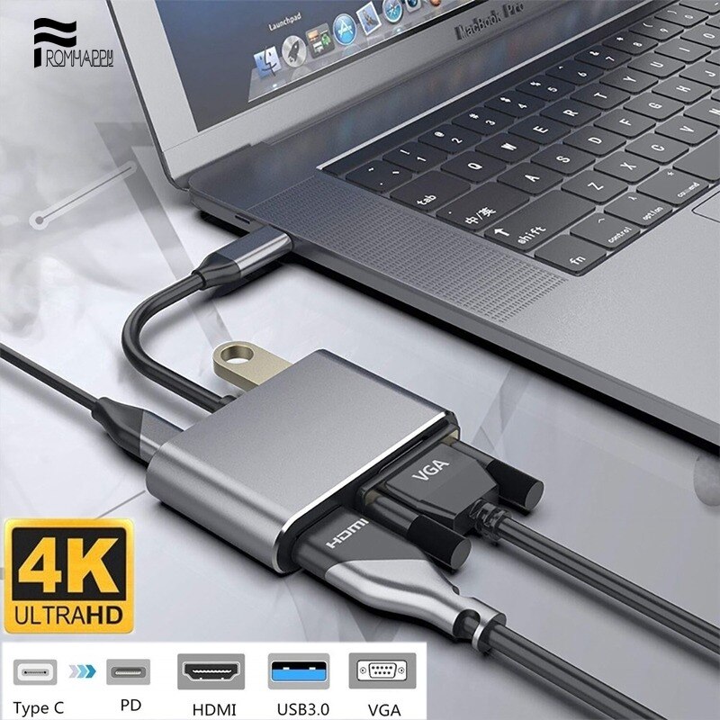 4 In 1 Usb 3.1 Type C Naar Hdmi Vga Adapter Kabel USB-C Hub Adapter Uhd 4K Ultra Hd video Audio Converter Voor Macbook Matebook D14