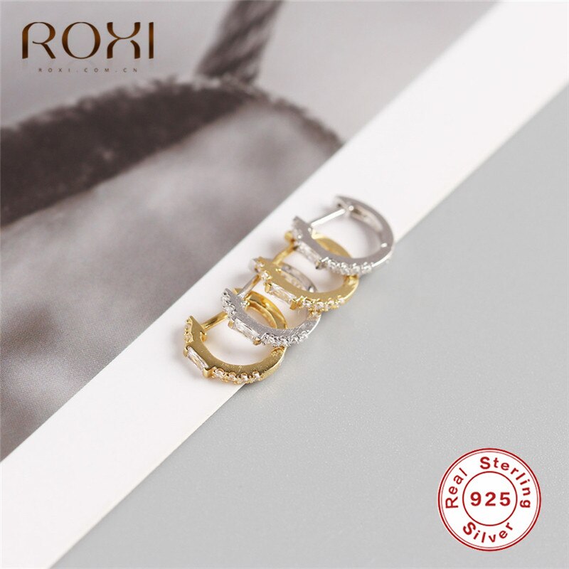 ROXI 925 Sterling Silver Clear Zircon Circle Stud Earrings for Women Square Crystal Loop Earrings Korean Jewelry Wedding Earring